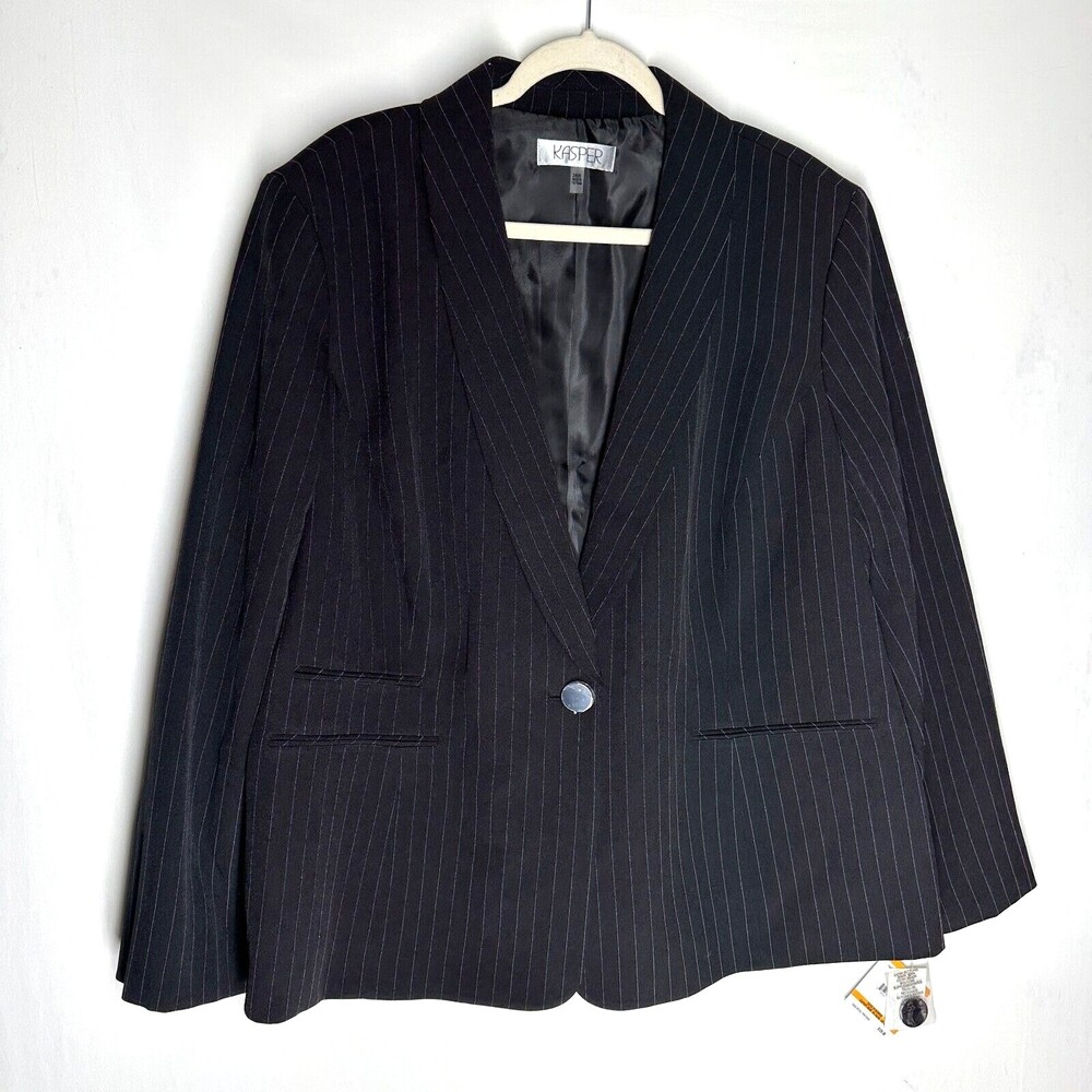 NWT Kasper Women's Blazer Jacket Plus Size 24W Black Pinstripe One Button $129